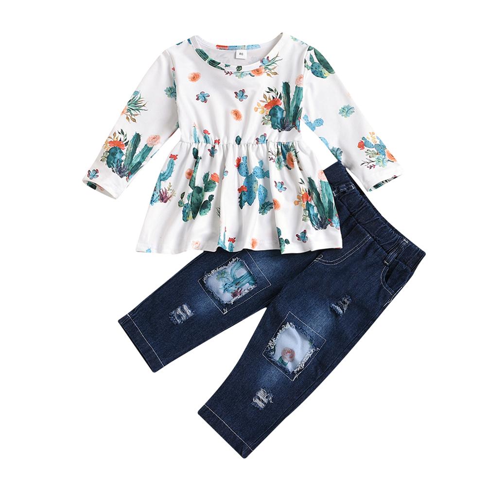 Girls Cactus Long Sleeve Top & Patch Jeans Wholesale Baby Girl Clothes