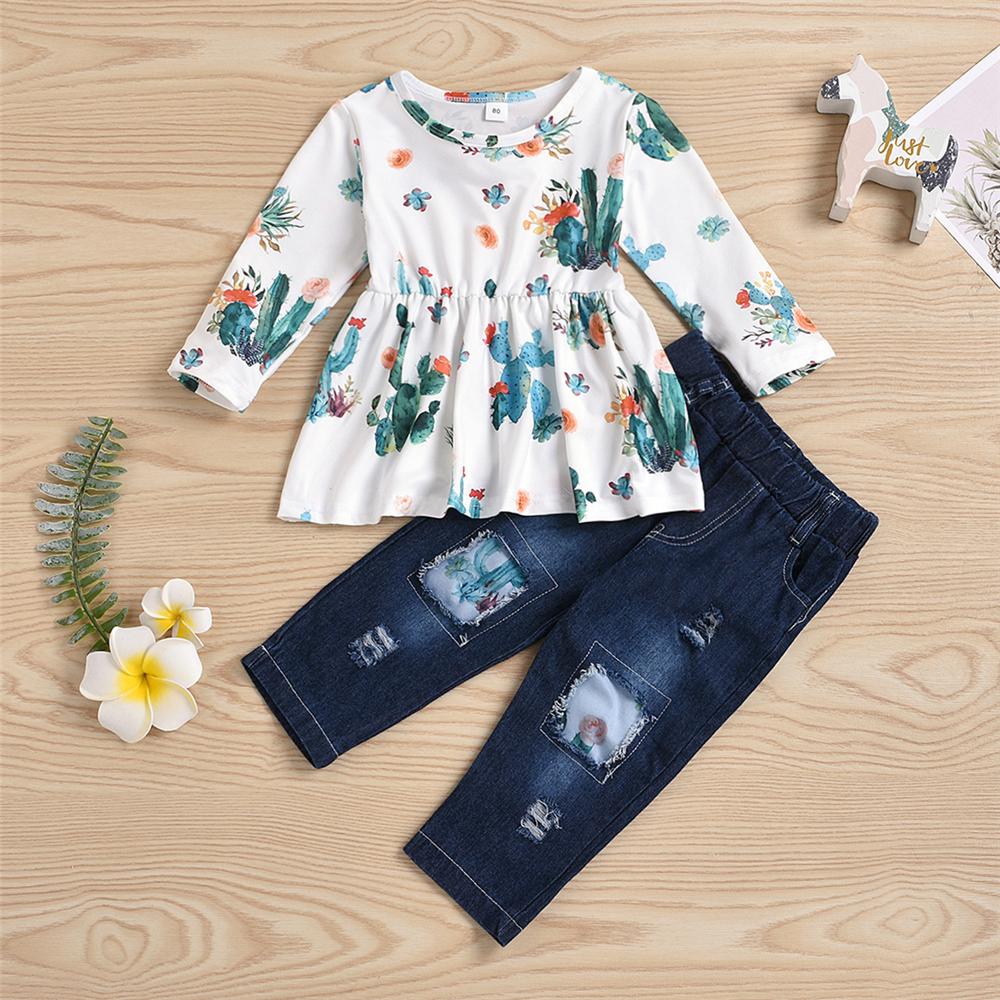 Girls Cactus Long Sleeve Top & Patch Jeans Wholesale Baby Girl Clothes