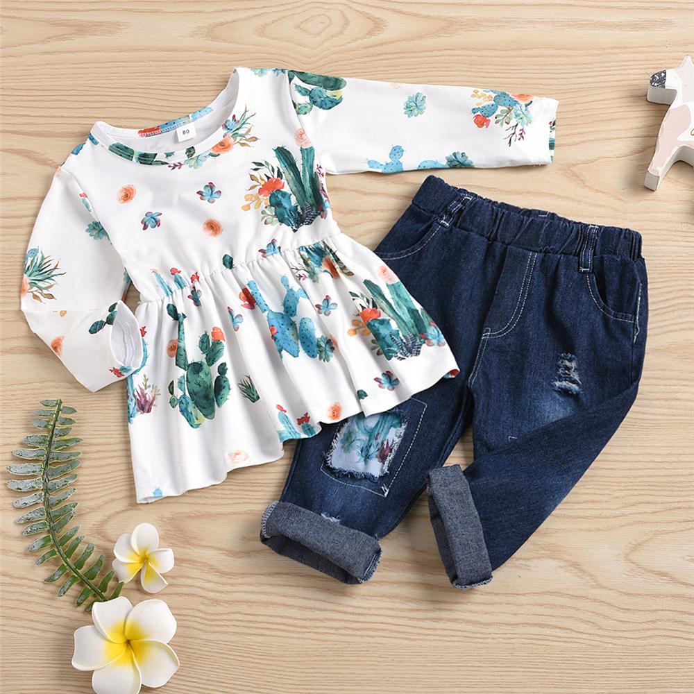 Girls Cactus Long Sleeve Top & Patch Jeans Wholesale Baby Girl Clothes