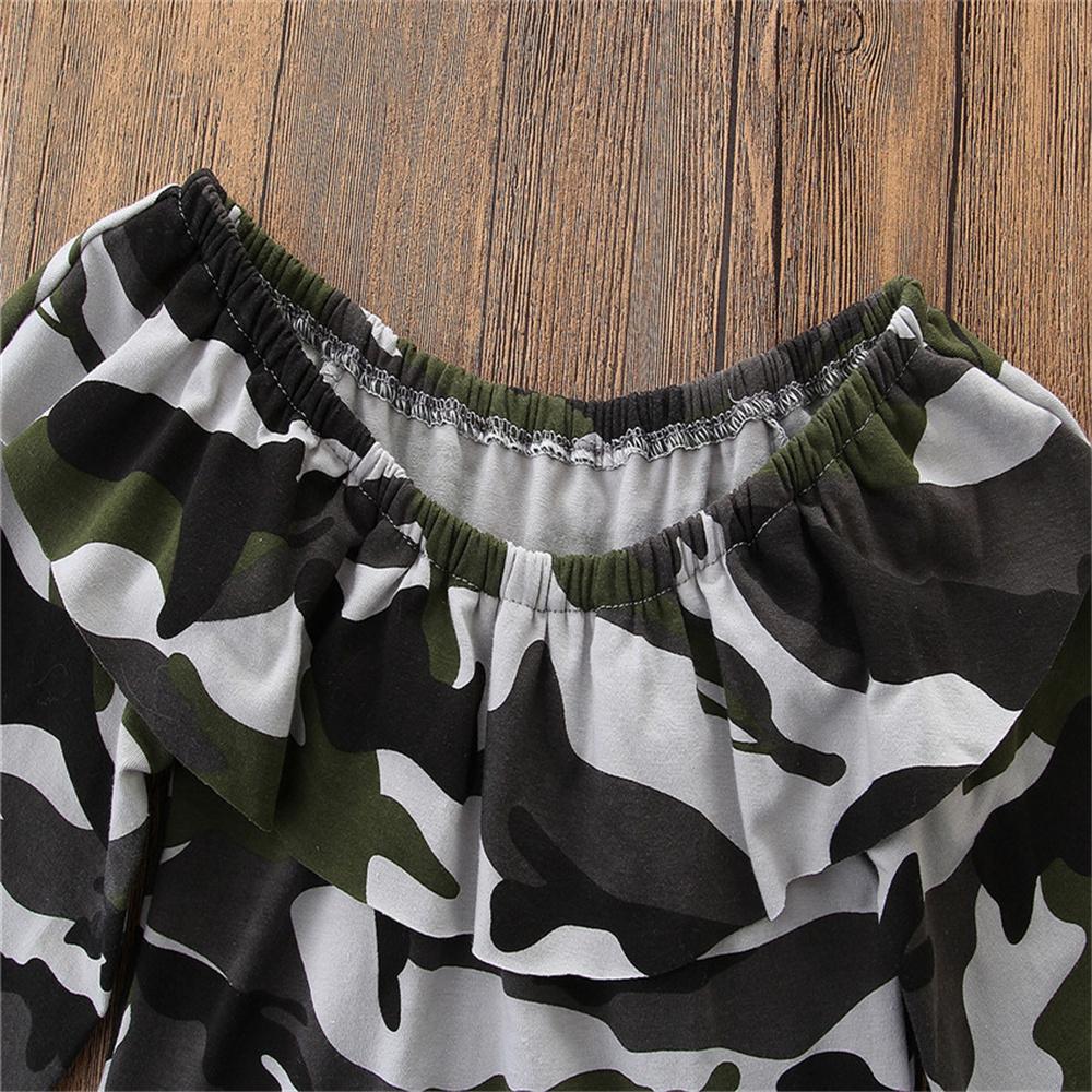 Girls Camo Off Shoulder Lotus Leaf Collar Top & Ripped Jeans kids wholesale clothing