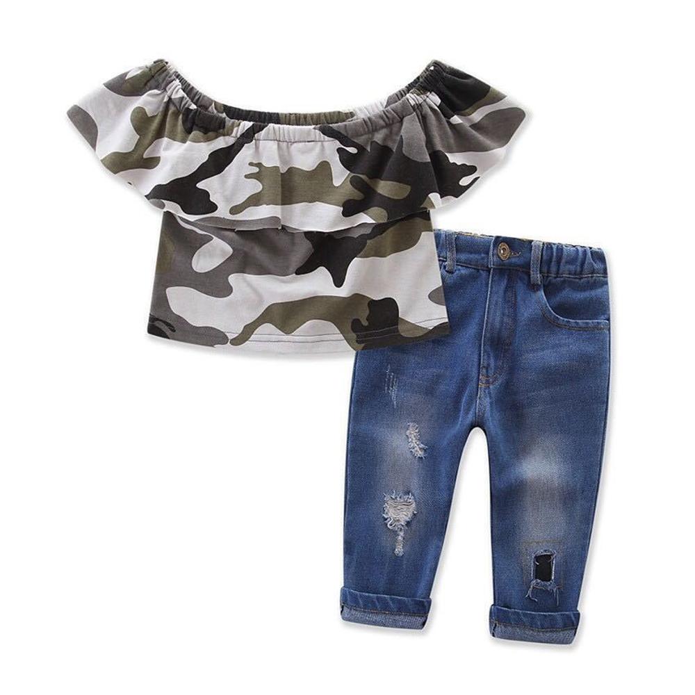 Girls Camo Off Shoulder Lotus Leaf Collar Top & Ripped Jeans kids wholesale clothing