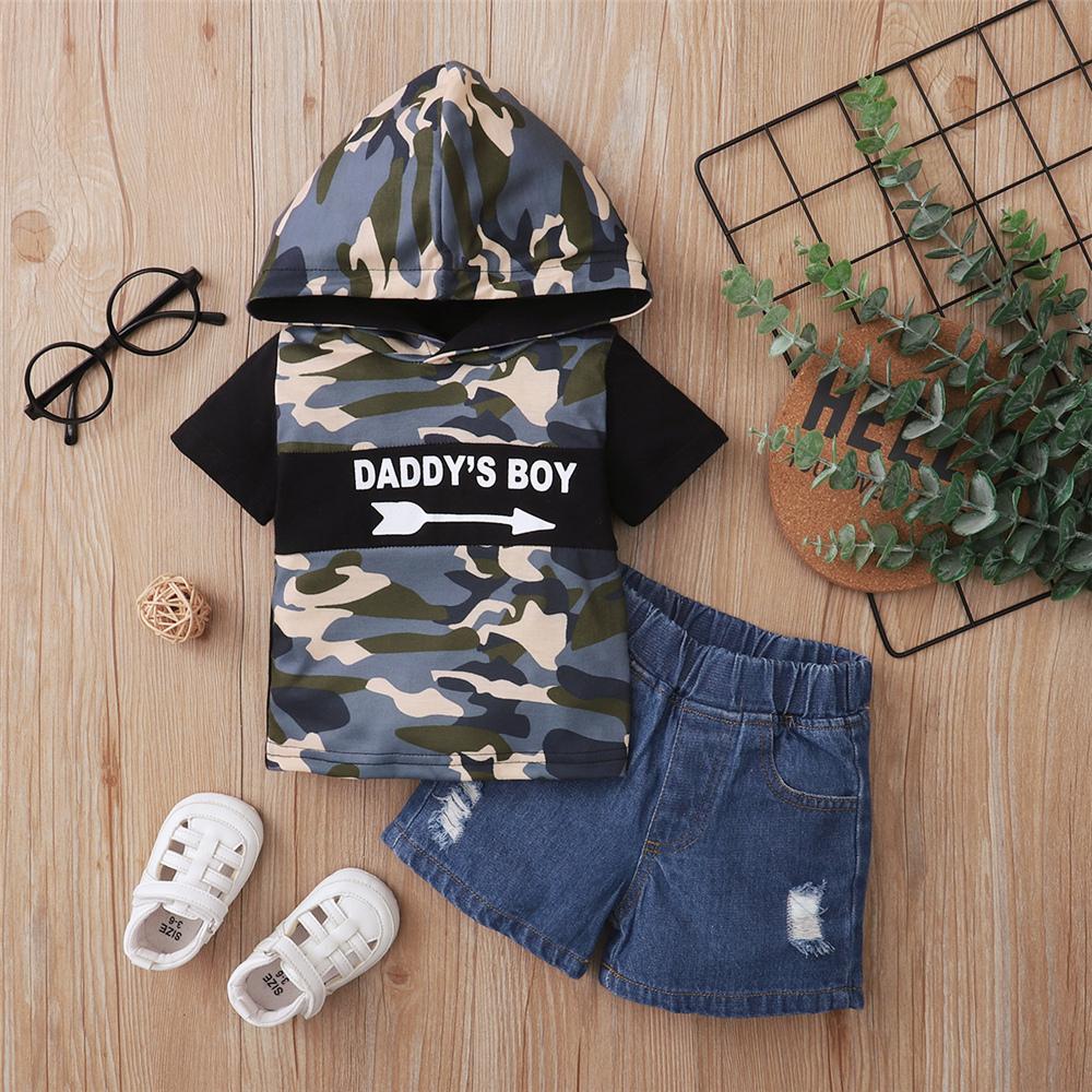 Dadd's Boy Camo Printed Short Sleeve Hooded Top & Ripped Denim Shorts Cheap Baby Clothes In Bulk
