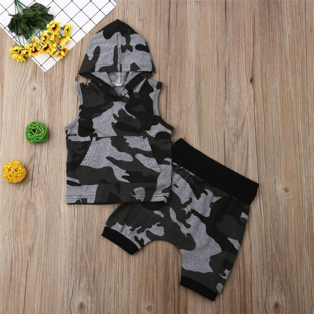 Boys Camo Printed Sleeveless Hooded Top & Shorts Boys Casual Suits