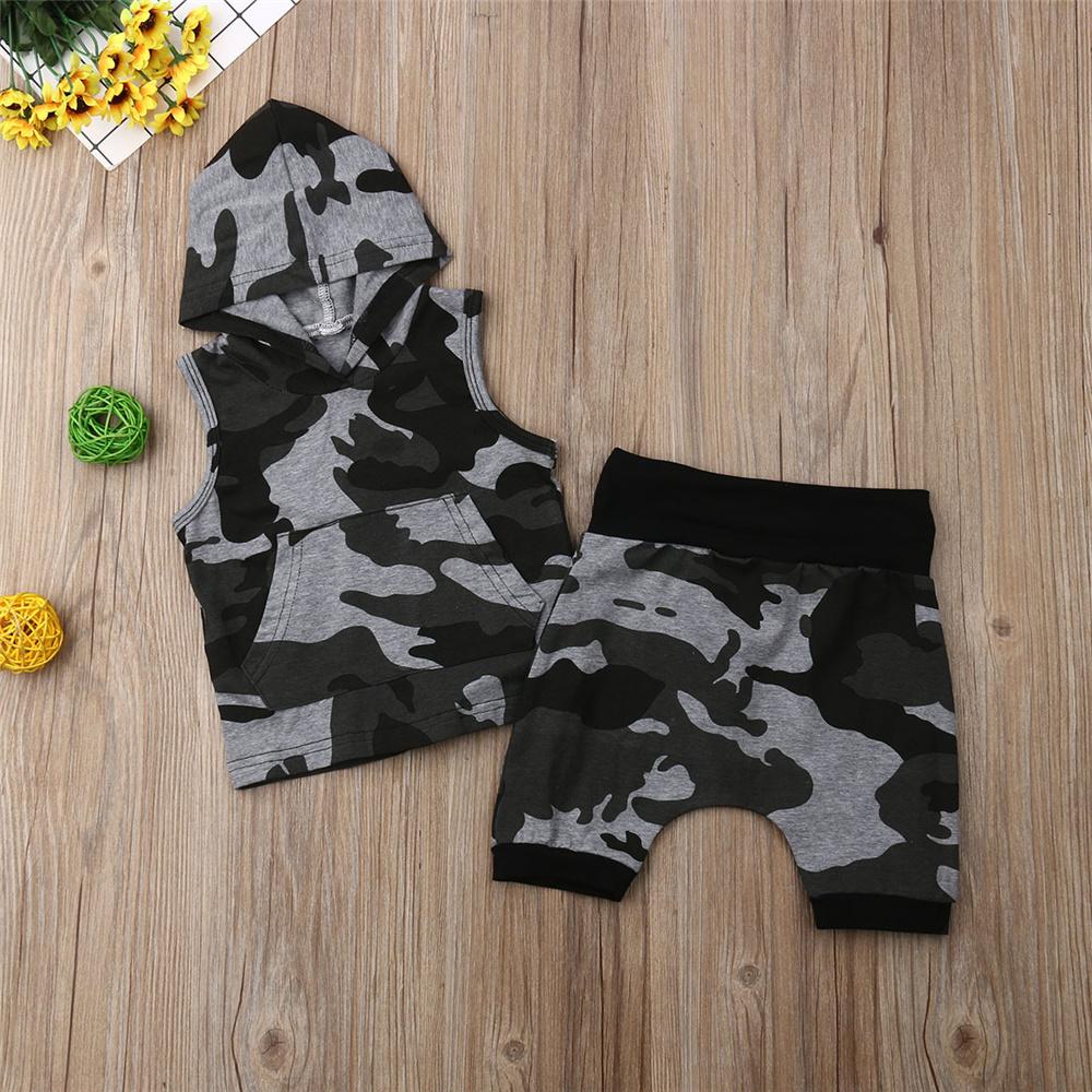 Boys Camo Printed Sleeveless Hooded Top & Shorts Boys Casual Suits