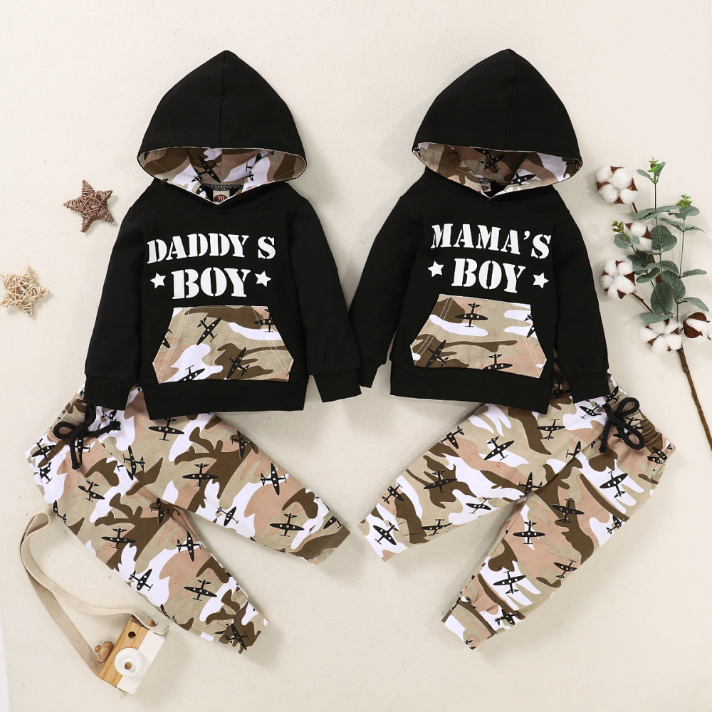 Boys Camouflage Letter Hooded Long Sleeve Top & Pants kids wholesale clothing