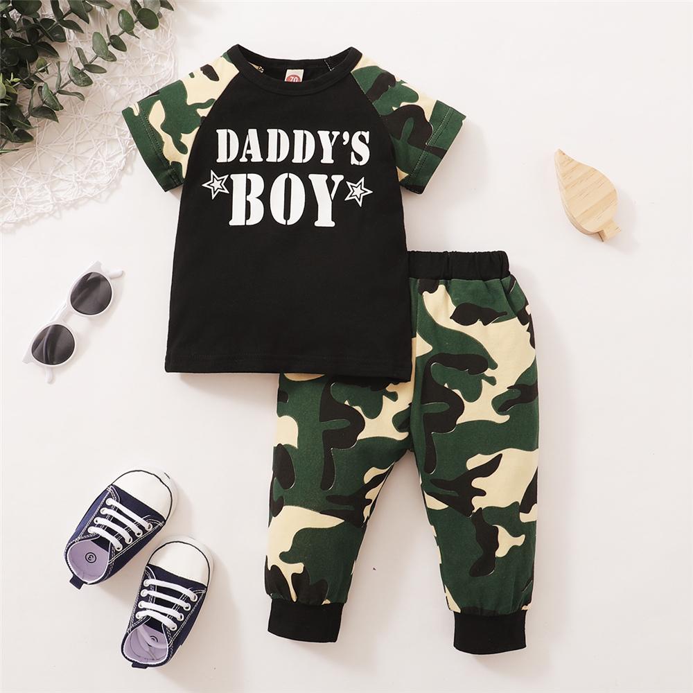 Boys Camouflage Letter Printed Short Sleeve Top & Pants wholesale kids clothing