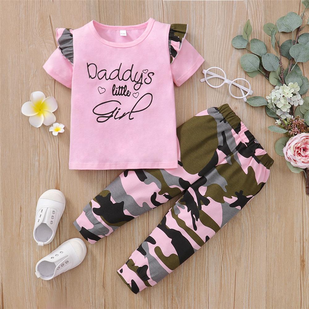 Girls Camouflage Short Sleeve Letter Printed Top & Pants wholesale kids clothing