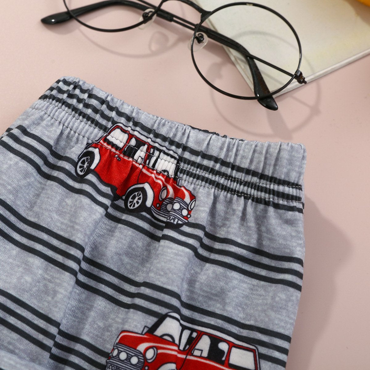 Boys Car Printed Short Sleeve Top & Striped Pants boys wholesale clothing