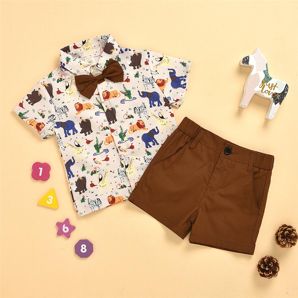 Boys Cartoon Animal Printed Short Sleeve Lapel Shirt & Shorts Wholesale Boys Suits