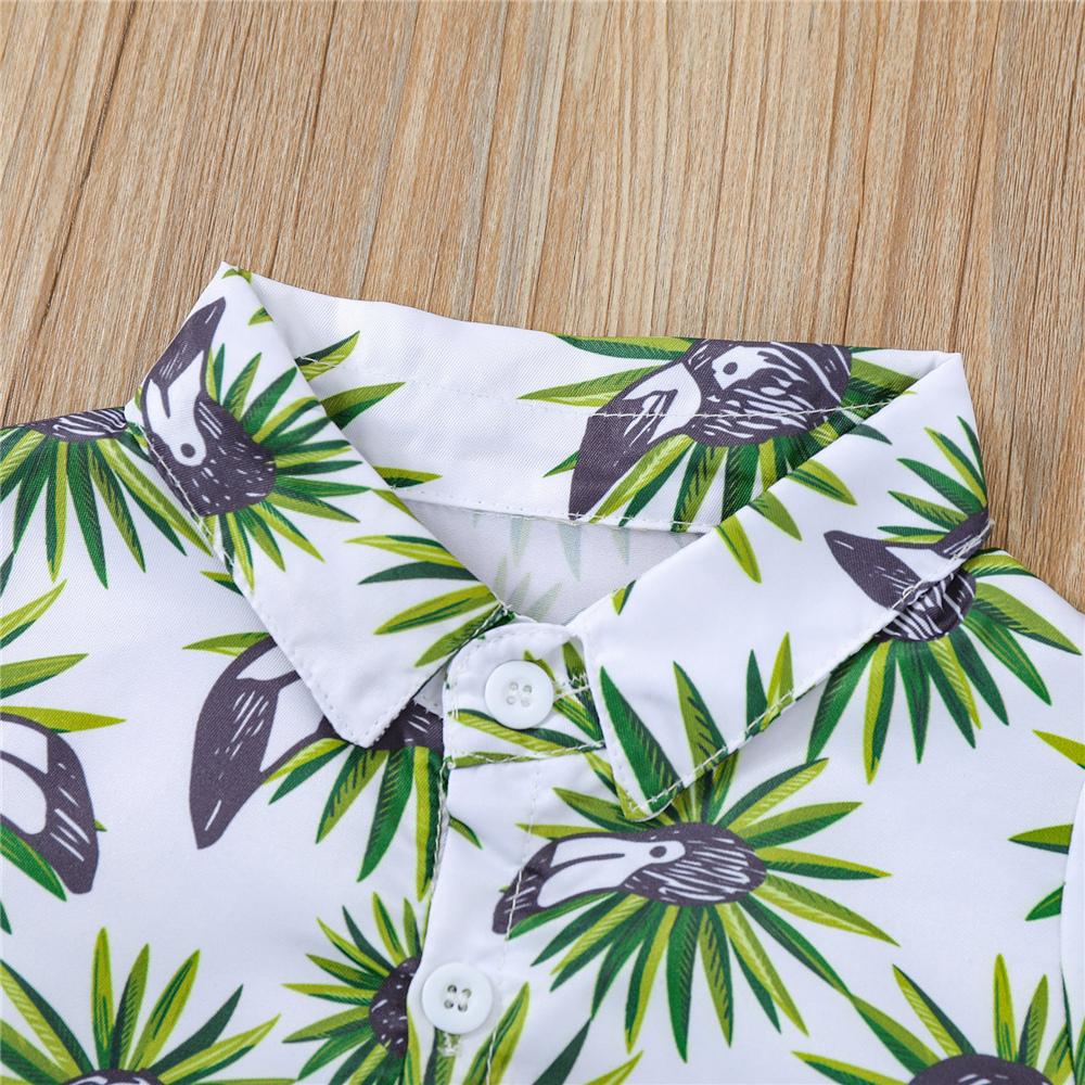 Boys Cartoon Bird Leaf Printed Short Sleeve Lapel Shirt & Green Shorts Boys Boutique Clothing Wholesale