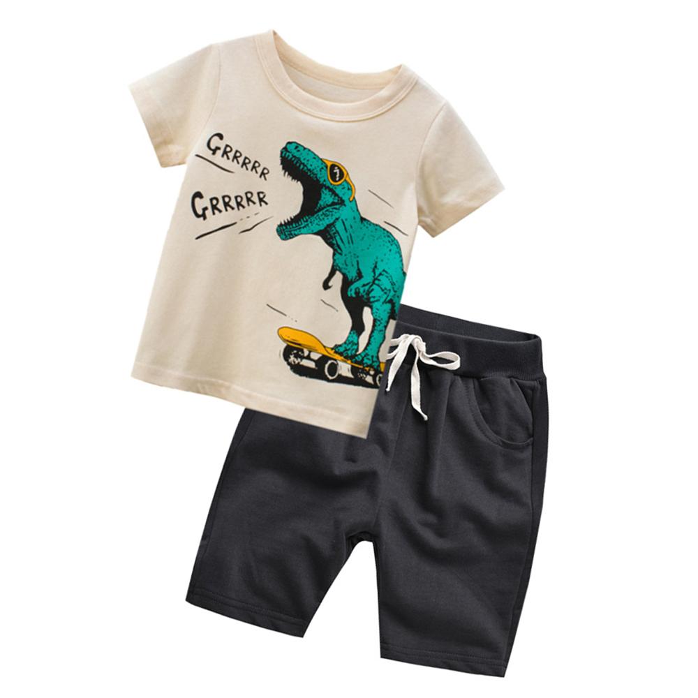 Boys Cartoon Dinosaur Animal Printed Short Sleeve Top & Shorts kids wholesale clothing