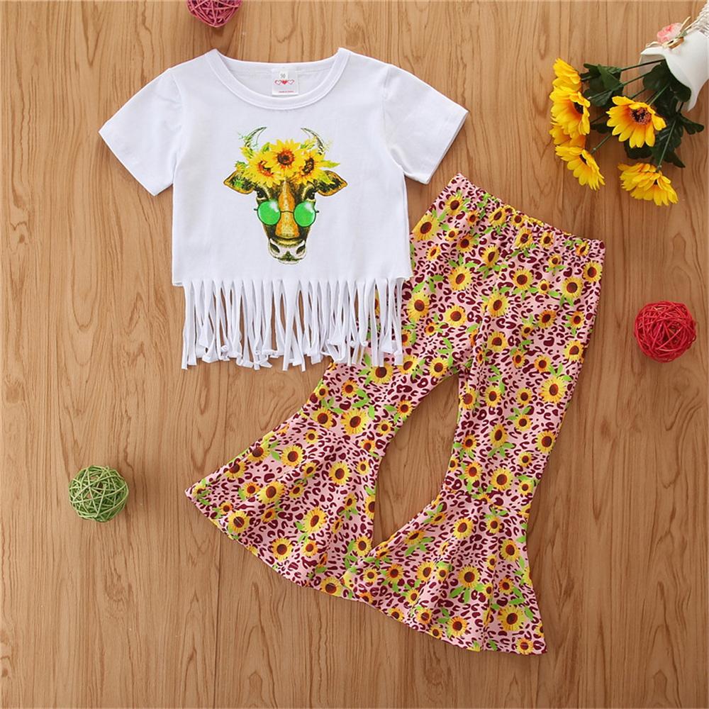 Girls Cartoon Flower Printed Tassel Short Sleeve Top & Bell Trousers Girls Clothes Wholesale