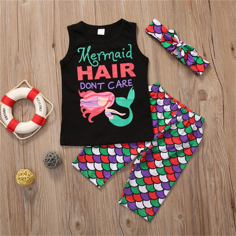 Girls Cartoon Letter Mermaid Printed Sleeveless Top & Shorts & Headband wholesale girls clothes