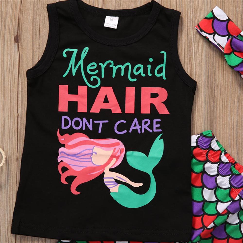 Girls Cartoon Letter Mermaid Printed Sleeveless Top & Shorts & Headband wholesale girls clothes