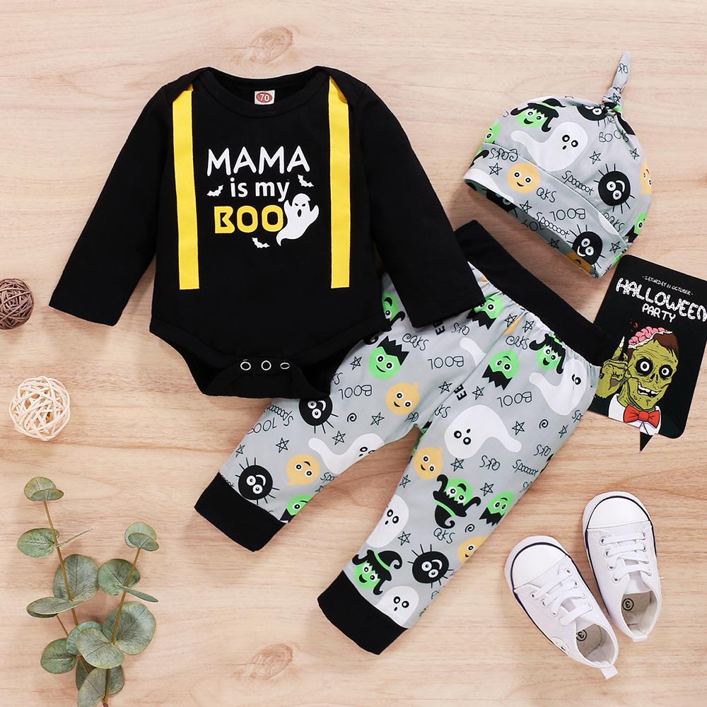 Baby Boys Cartoon Letter Printed Long Sleeve Romper & Pants & Hat kids wholesale clothing