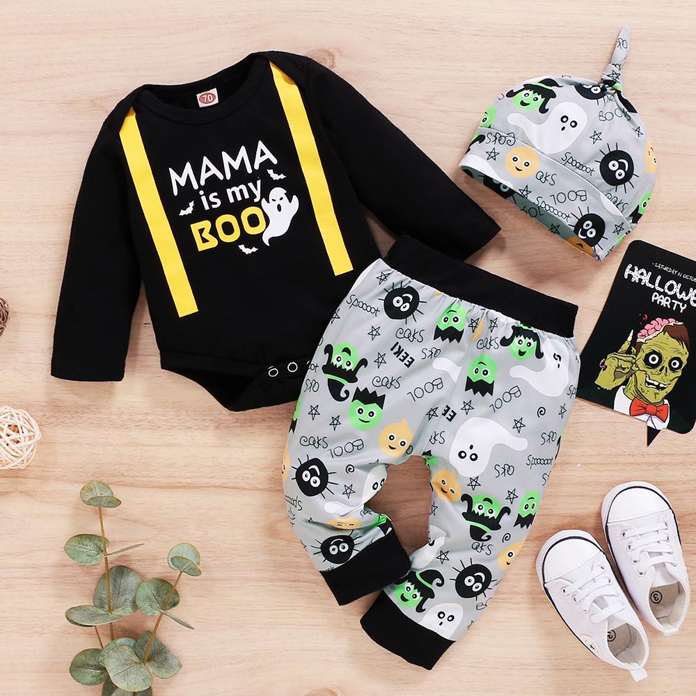 Baby Boys Cartoon Letter Printed Long Sleeve Romper & Pants & Hat kids wholesale clothing