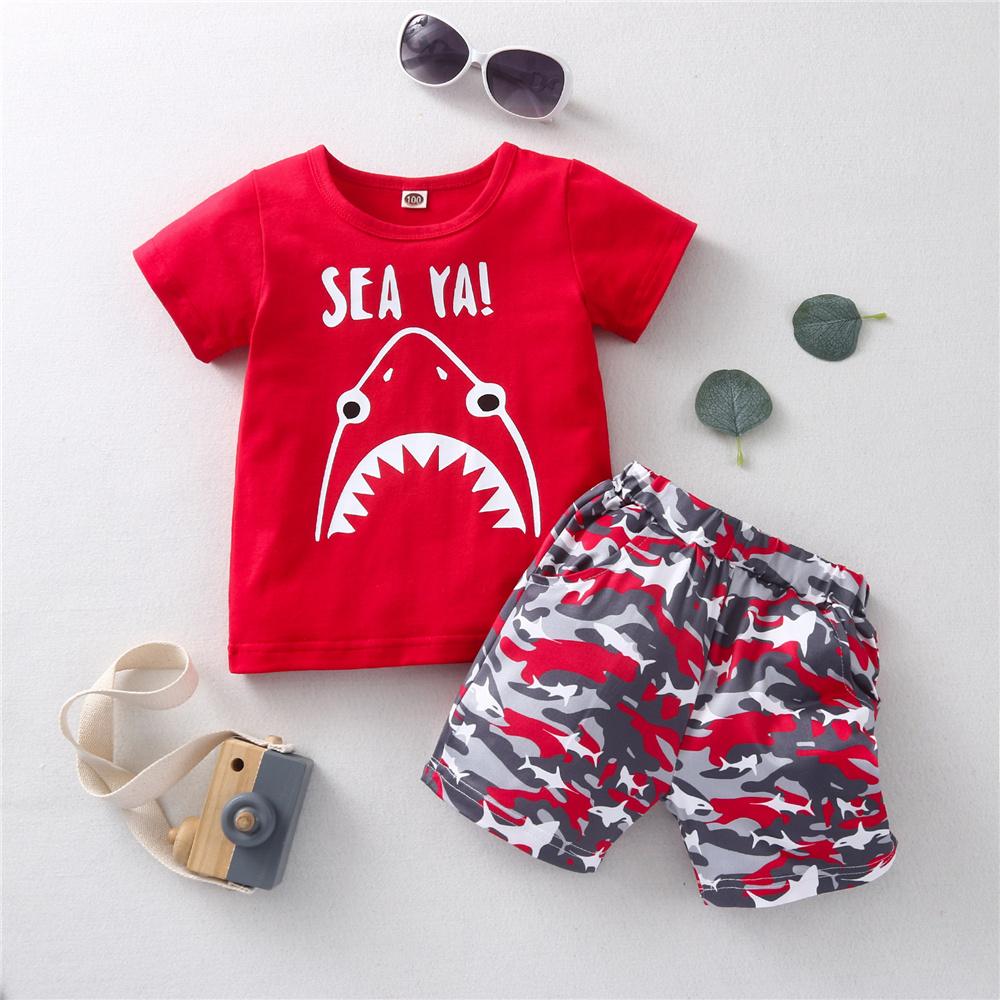 Boys Cartoon Letter Printed Short Sleeve Top & Camouflage Shorts wholesale childrens clothing
