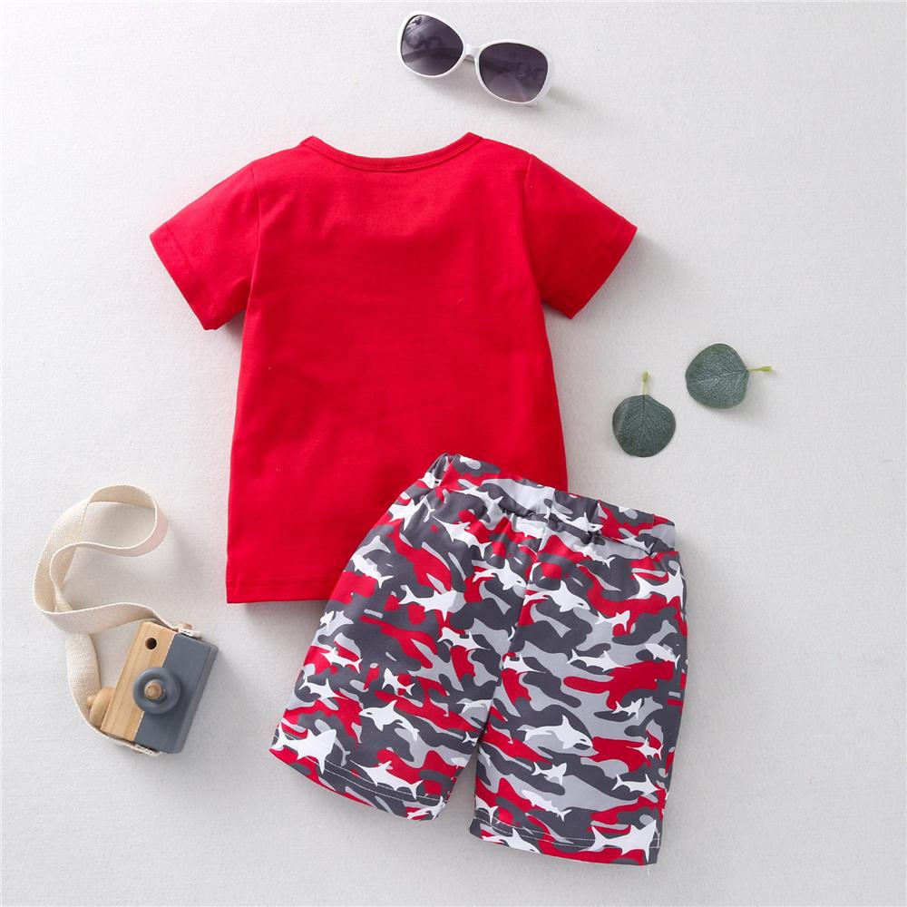 Boys Cartoon Letter Printed Short Sleeve Top & Camouflage Shorts wholesale childrens clothing