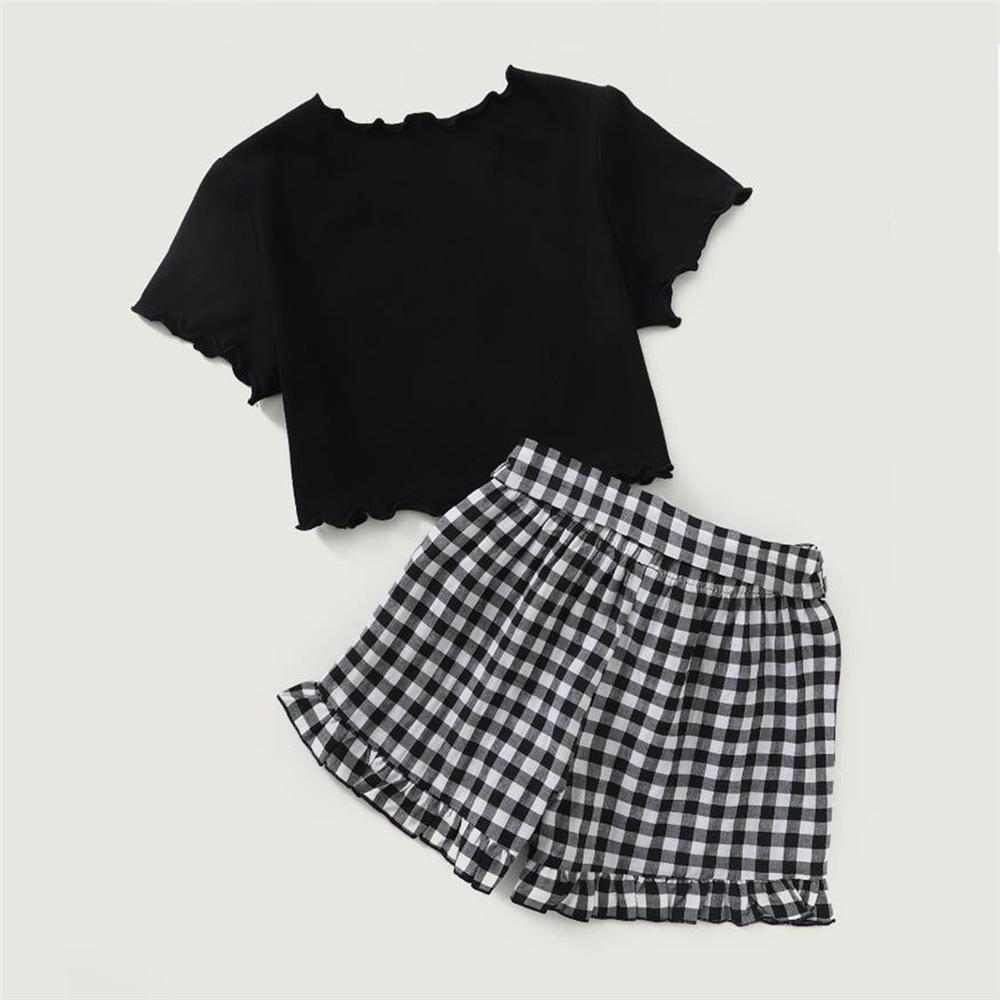 Girls Cartoon Letter Printed Short Sleeve Top & Plaid Shorts children wholesale clothing