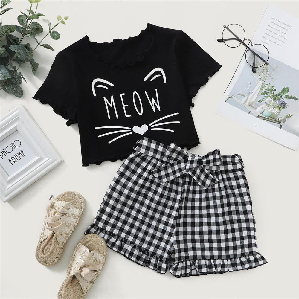 Girls Cartoon Letter Printed Short Sleeve Top & Plaid Shorts children wholesale clothing