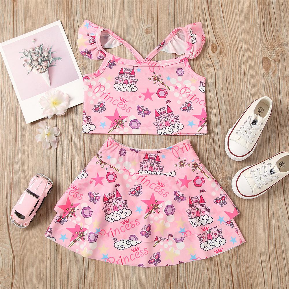 Girls Cartoon Letter Printed Swimsuit Top & Shorts 2 Piece Swimsuit With Shorts