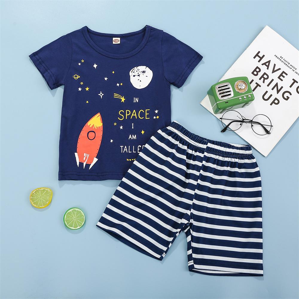 Boys Cartoon Letter Printed Top & Striped Shorts trendy kids wholesale clothing