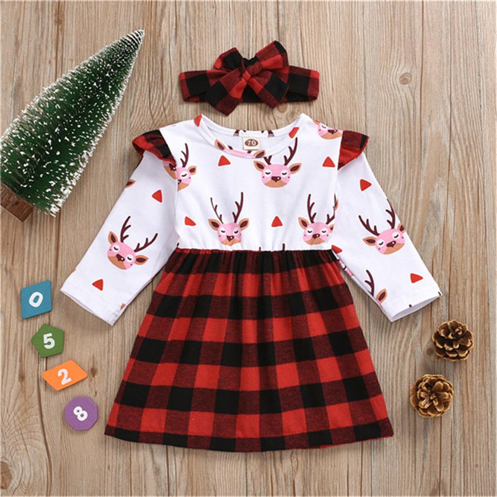 Baby Girls Cartoon Plaid Long Sleeve Dress &Headband Christmas Baby Clothes