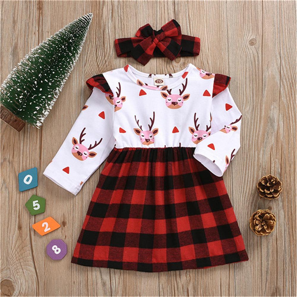 Baby Girls Cartoon Plaid Long Sleeve Dress &Headband Christmas Baby Clothes