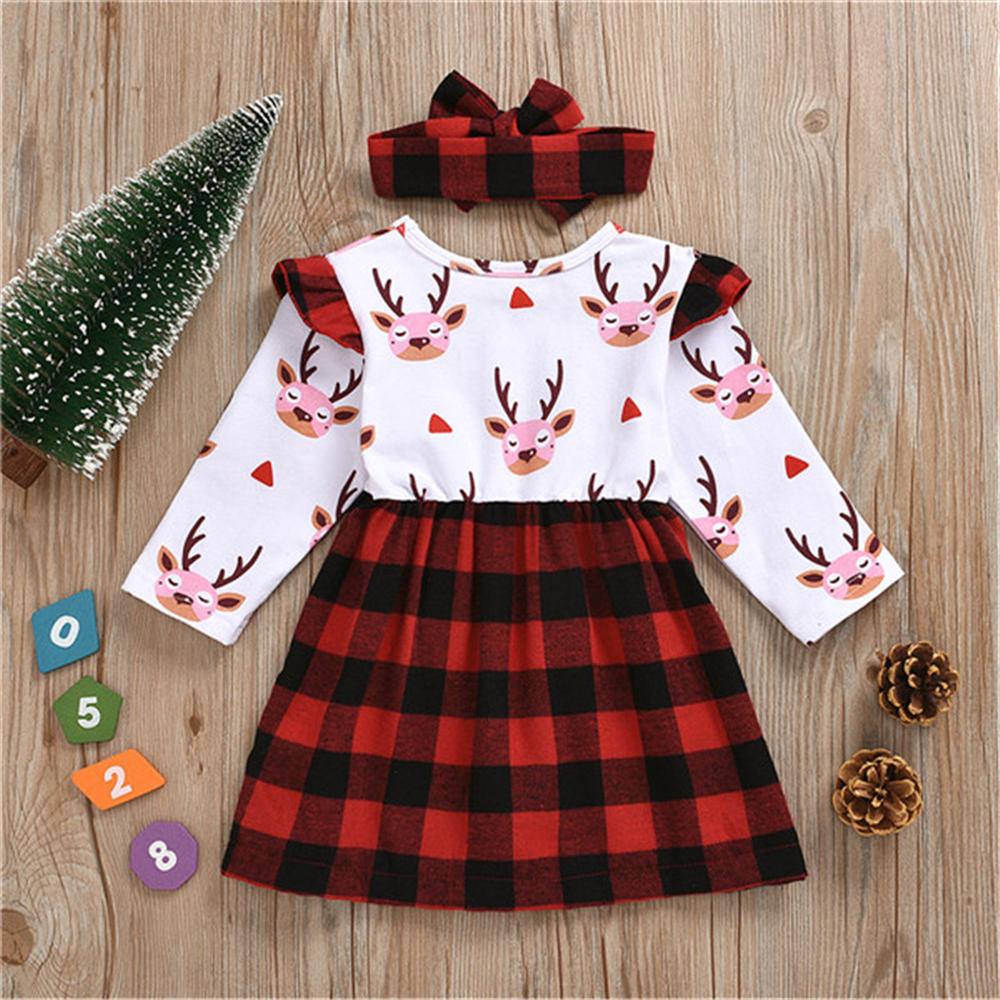 Baby Girls Cartoon Plaid Long Sleeve Dress &Headband Christmas Baby Clothes