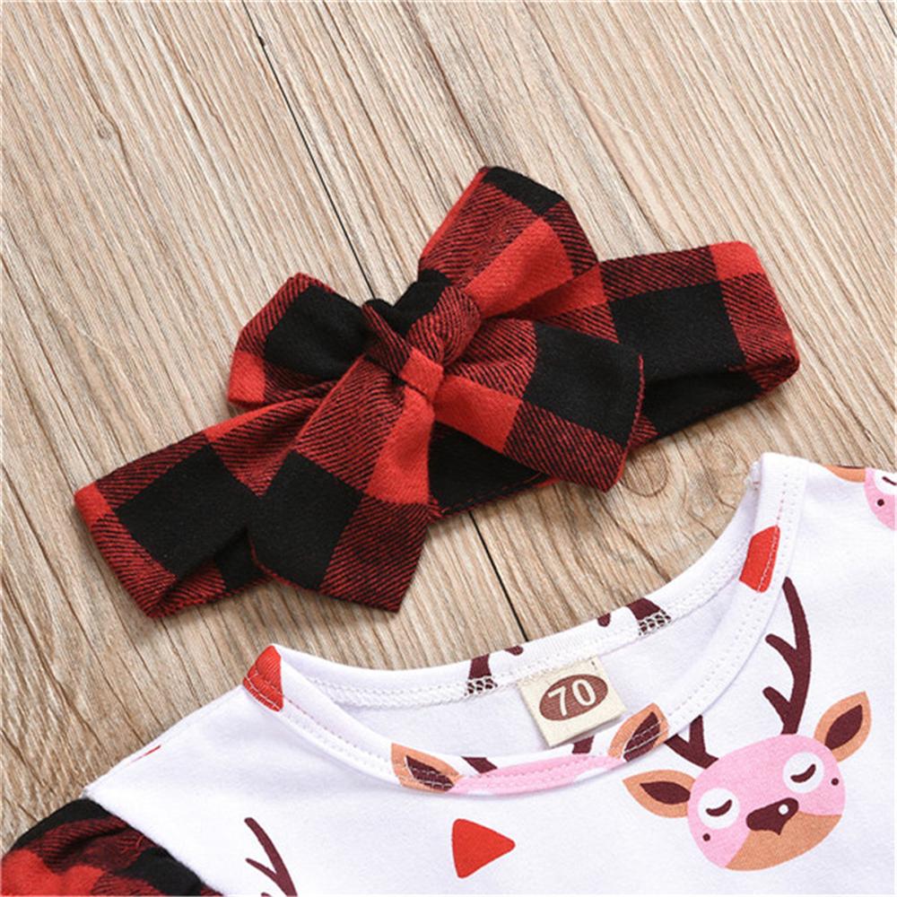 Baby Girls Cartoon Plaid Long Sleeve Dress &Headband Christmas Baby Clothes