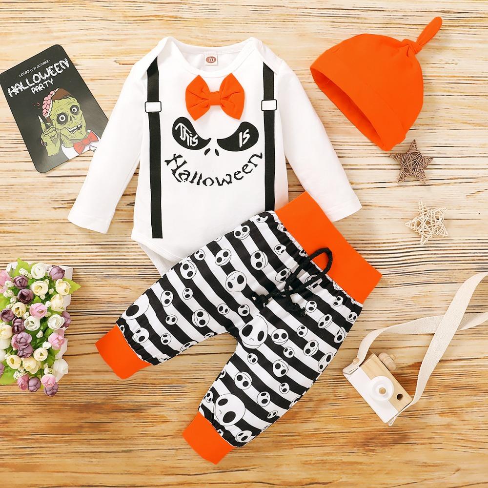 Baby Boys Cartoon Printed Halloween Long Sleeve Romper & Pants & Hat baby clothes wholesale