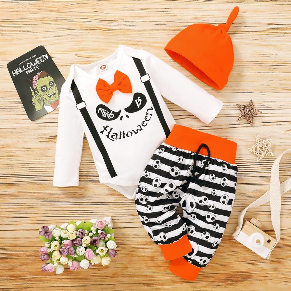 Baby Boys Cartoon Printed Halloween Long Sleeve Romper & Pants & Hat baby clothes wholesale