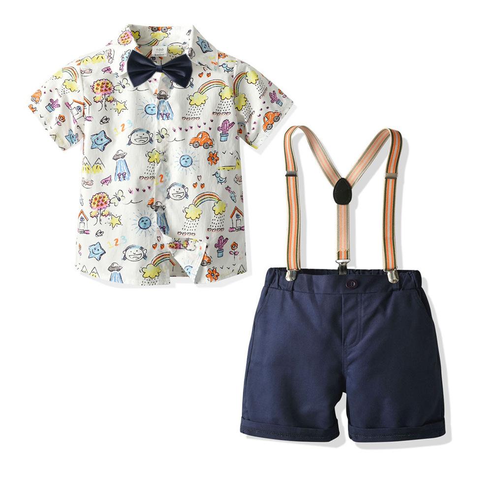 Boys Cartoon Printed Lapel Shirt & Overalls Boy Summer Outfits