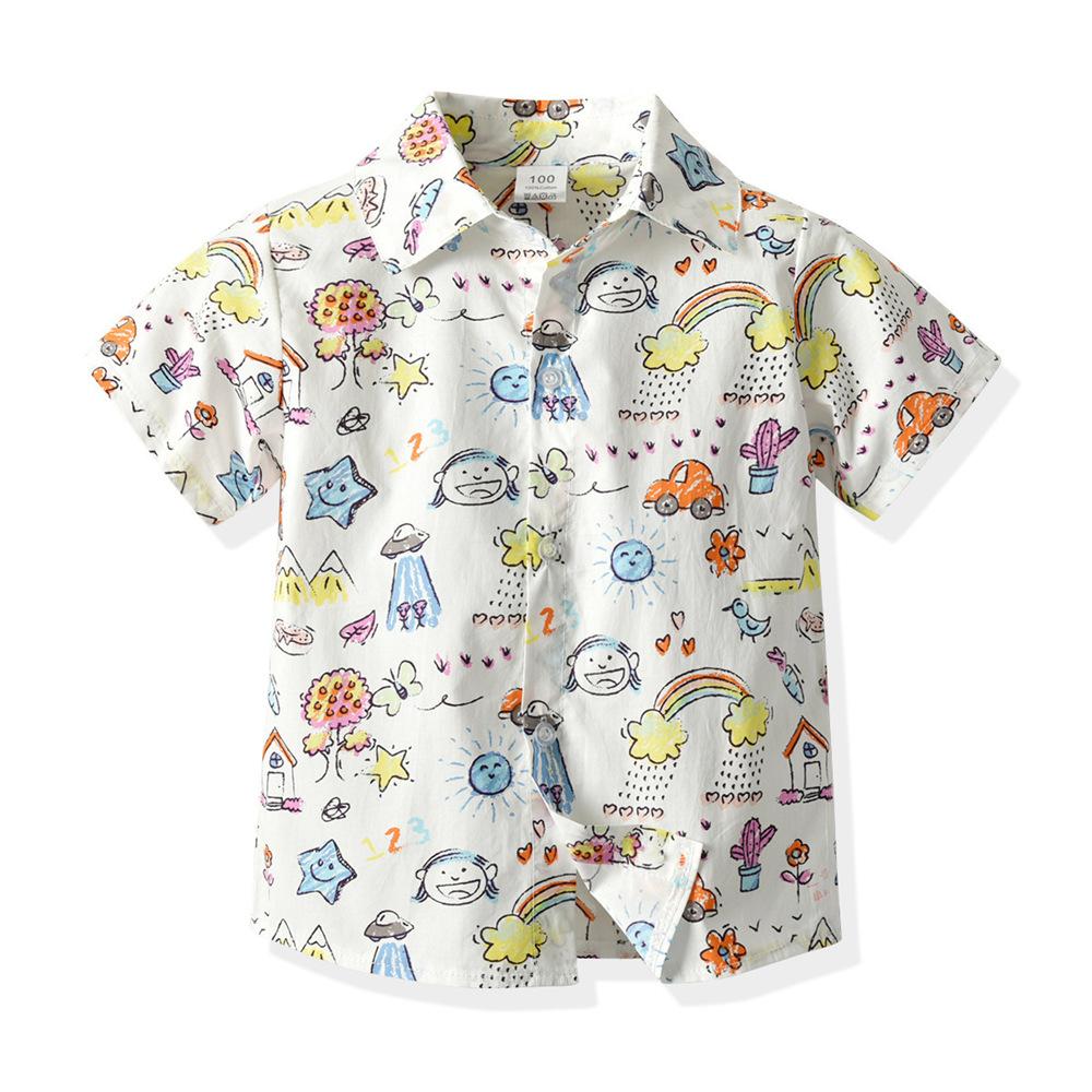 Boys Cartoon Printed Lapel Shirt & Overalls Boy Summer Outfits