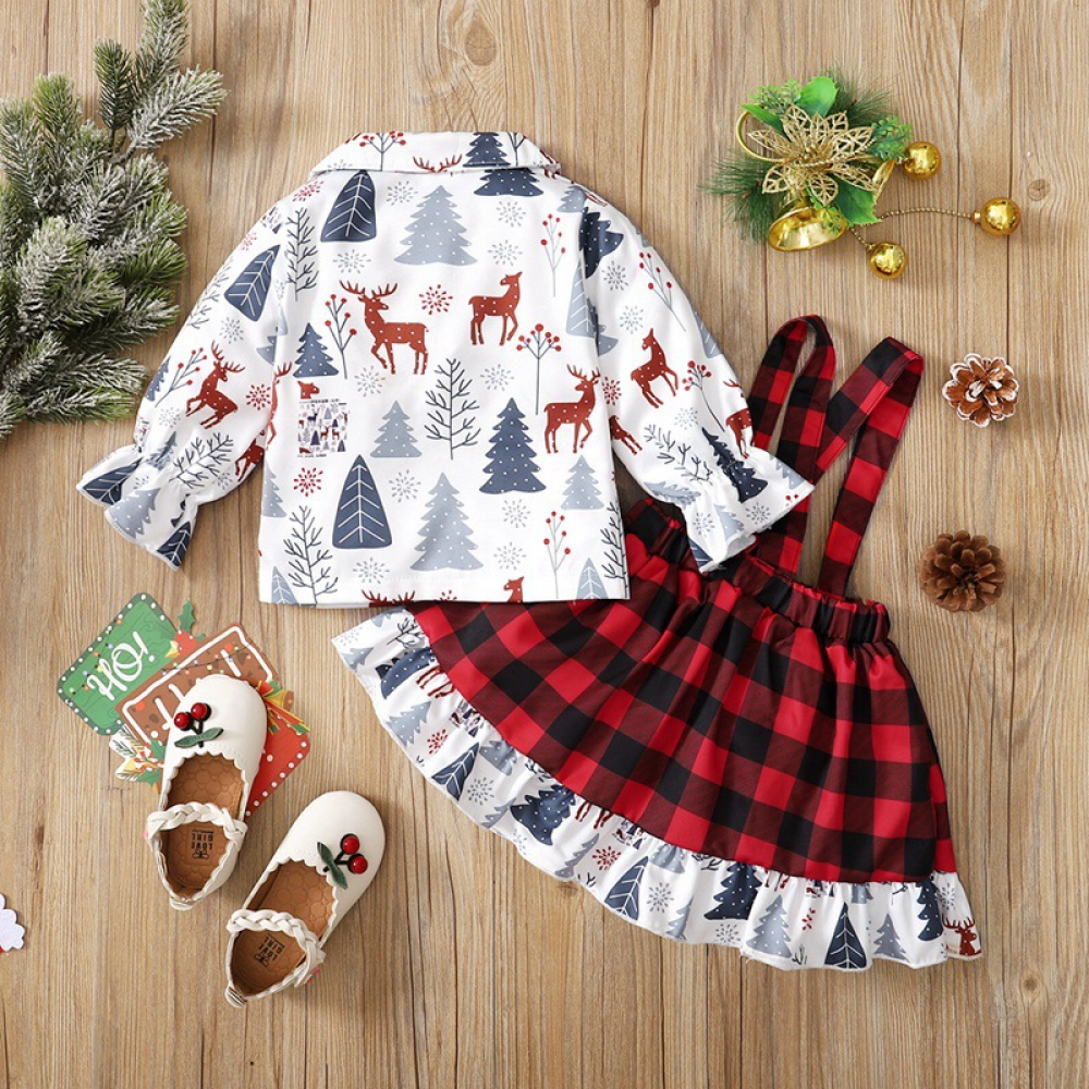 Girls Cartoon Printed Long Sleeve Top & Plaid Skirt trendy kids wholesale clothing