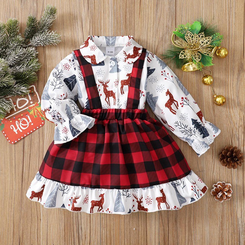 Girls Cartoon Printed Long Sleeve Top & Plaid Skirt trendy kids wholesale clothing