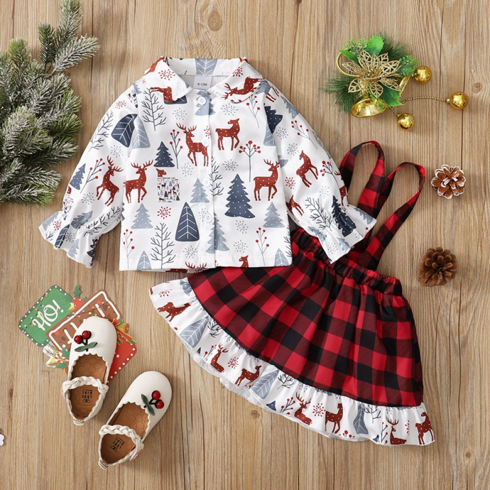 Girls Cartoon Printed Long Sleeve Top & Plaid Skirt trendy kids wholesale clothing