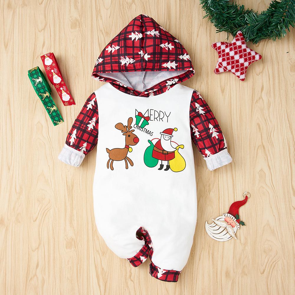 Baby Cartoon Printed Plaid Long Sleeve Hooded Romper baby clothes wholesale