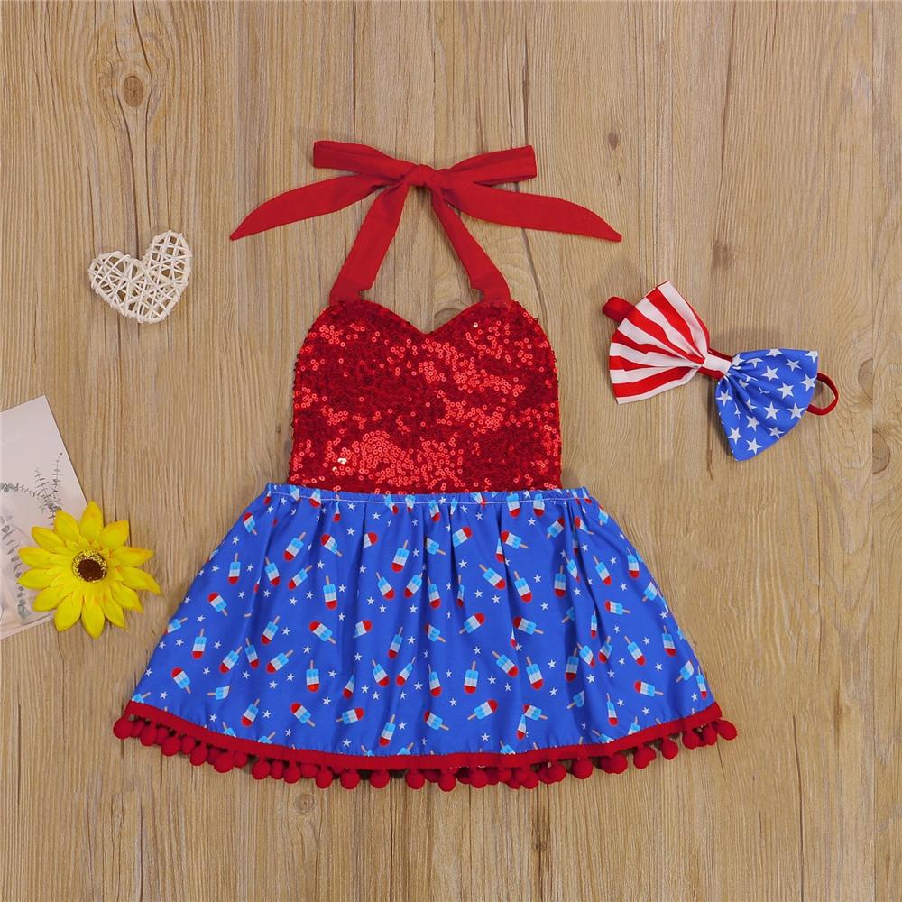 Baby Girls Cartoon Printed Sequin Suspender Dress & Headband cheap baby clothes wholesale