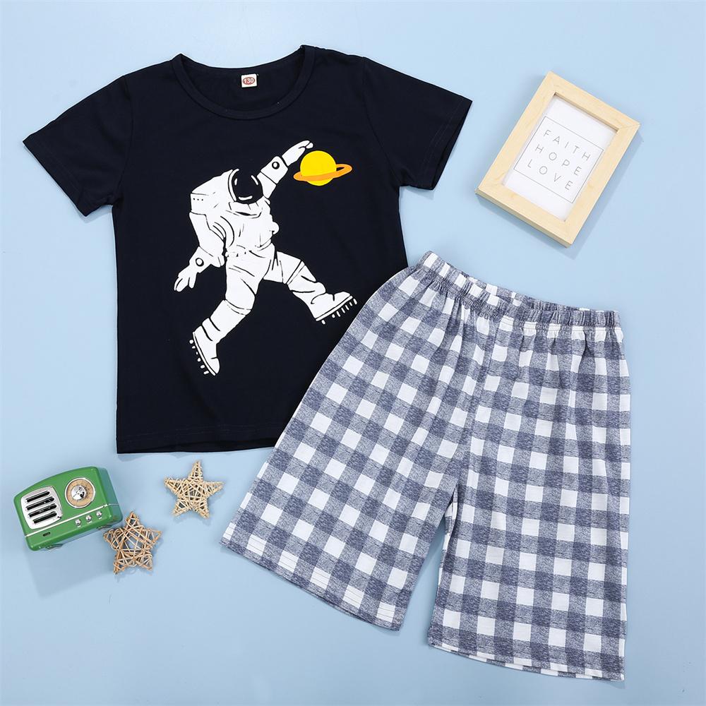 Boys Cartoon Printed Short Sleeve Top & Plaid Shorts boys wholesale clothing