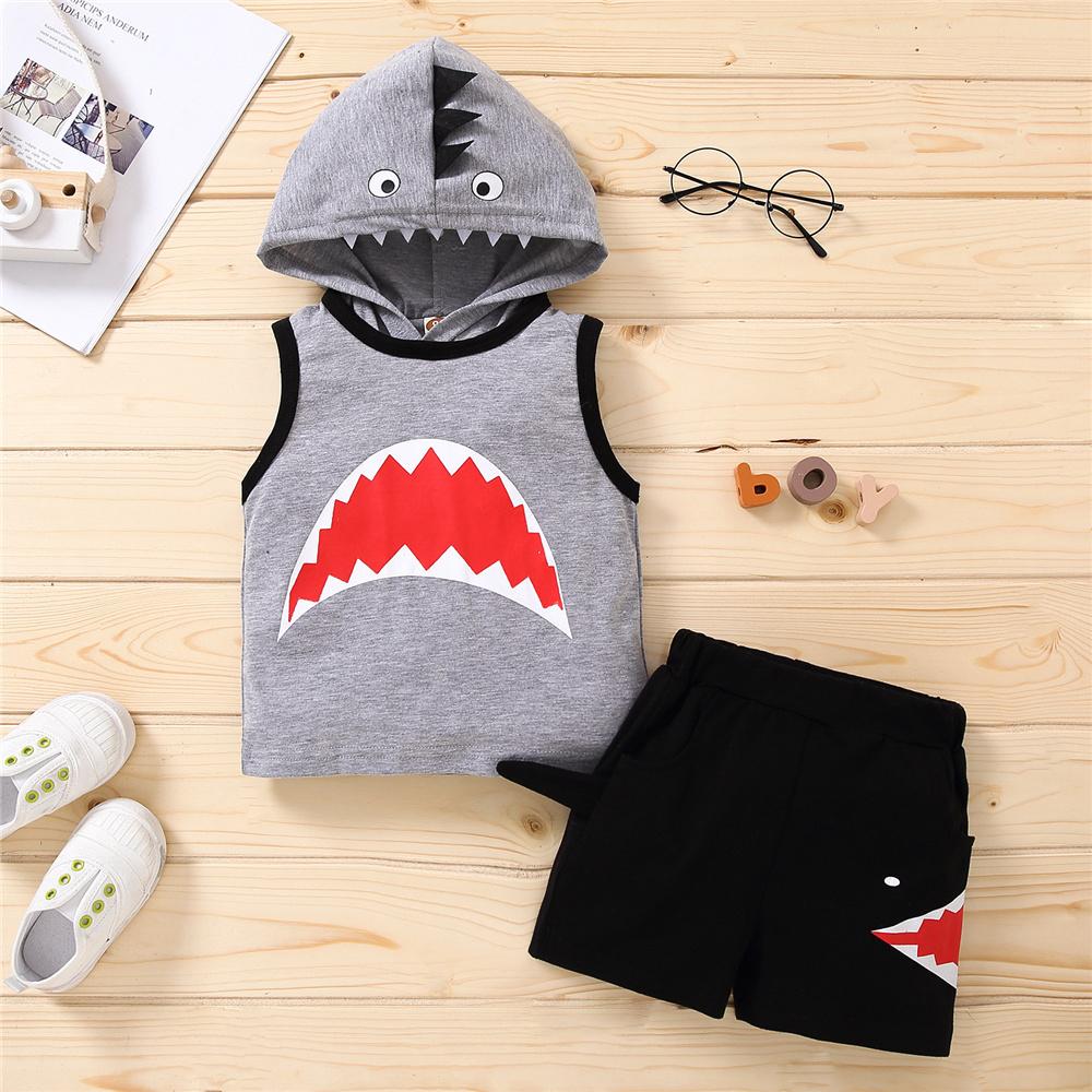 Boys Cartoon Shark Printed 3D Hooded Sleeveless Top & Shorts Boys Summer Outfits