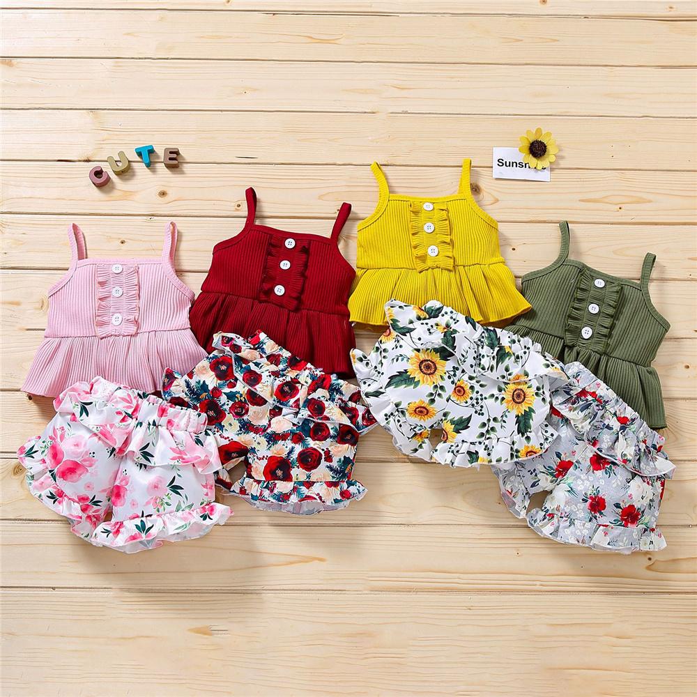 Girls Casual Button Sling Top & Floral Ruffled Shorts wholesale girls clothes