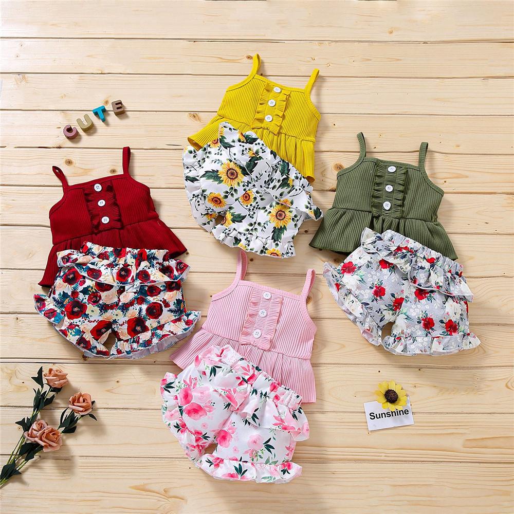 Girls Casual Button Sling Top & Floral Ruffled Shorts wholesale girls clothes