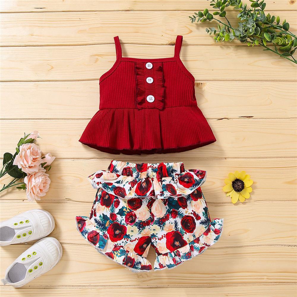 Girls Casual Button Sling Top & Floral Ruffled Shorts wholesale girls clothes