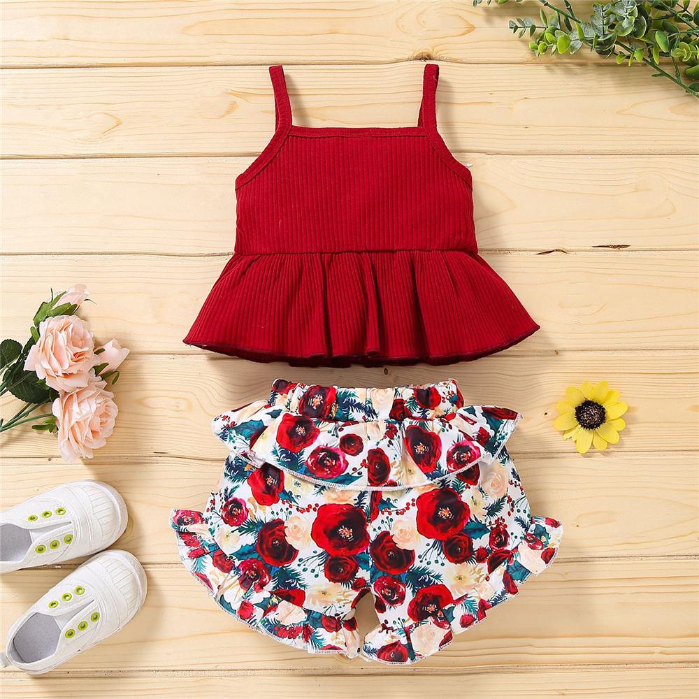 Girls Casual Button Sling Top & Floral Ruffled Shorts wholesale girls clothes