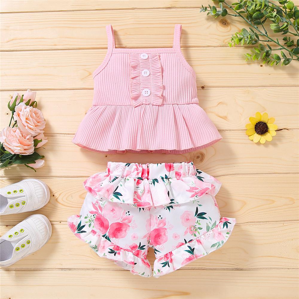 Girls Casual Button Sling Top & Floral Ruffled Shorts wholesale girls clothes