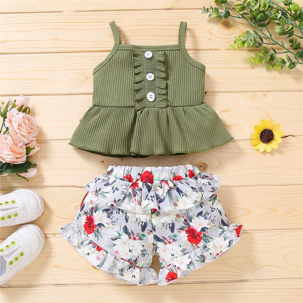 Girls Casual Button Sling Top & Floral Ruffled Shorts wholesale girls clothes