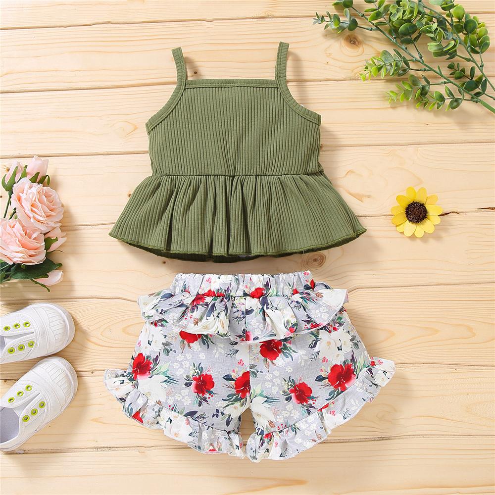 Girls Casual Button Sling Top & Floral Ruffled Shorts wholesale girls clothes