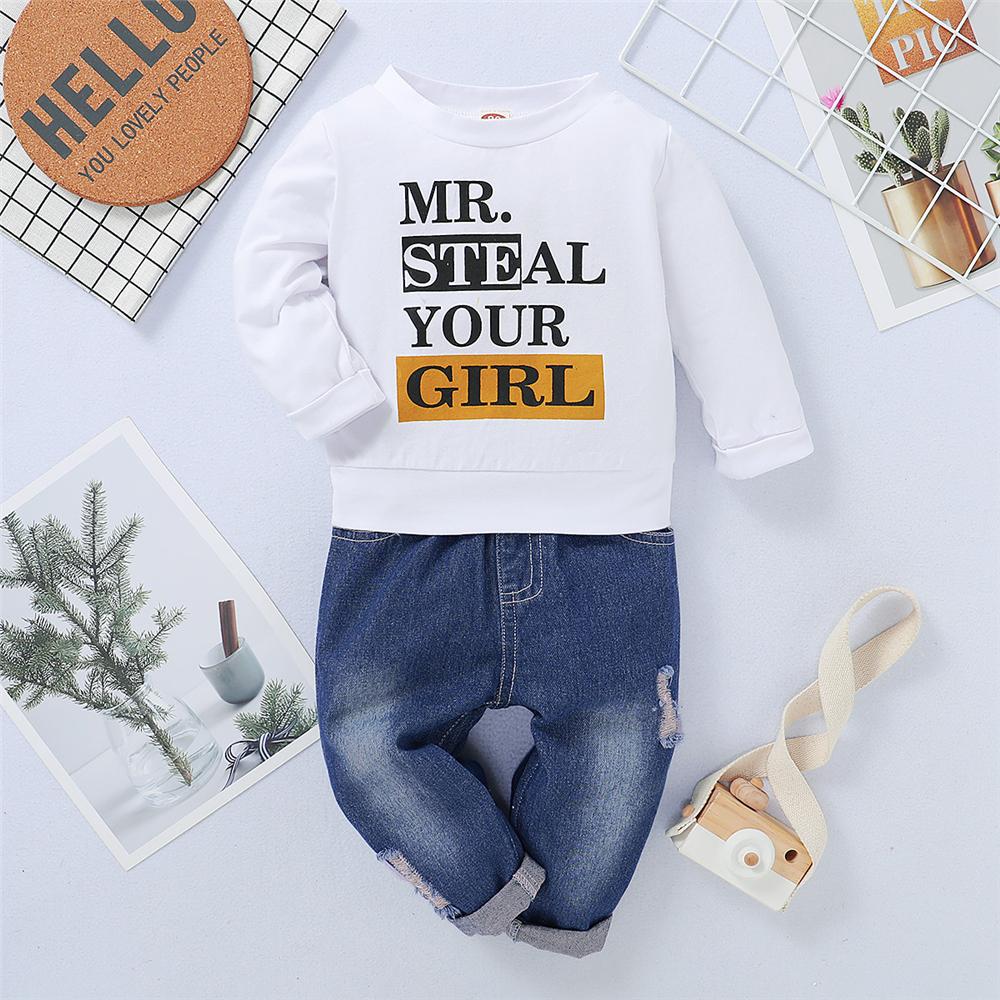 Boys Casual Letter Printed Long Sleeve Top & Ripped Jeans Wholesale Toddler Boy Clothes