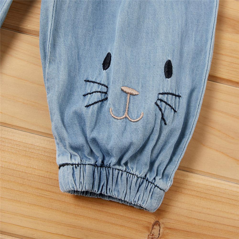 Girls Cat Animal Embroidery Casual Jeans
